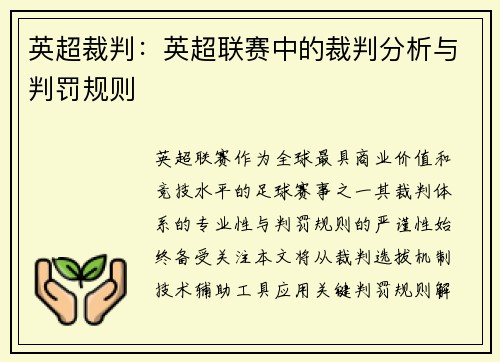英超裁判：英超联赛中的裁判分析与判罚规则