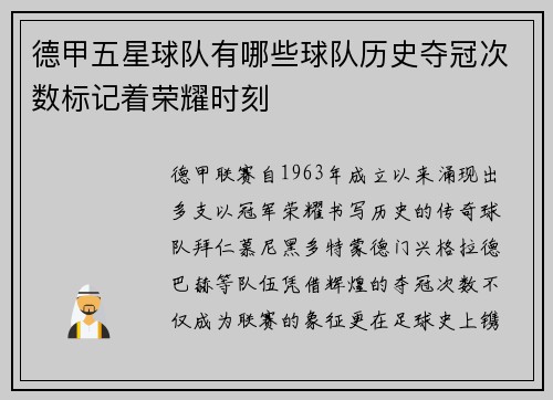 德甲五星球队有哪些球队历史夺冠次数标记着荣耀时刻