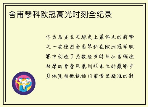 舍甫琴科欧冠高光时刻全纪录