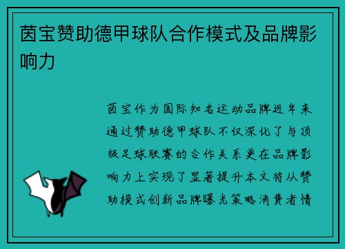 茵宝赞助德甲球队合作模式及品牌影响力